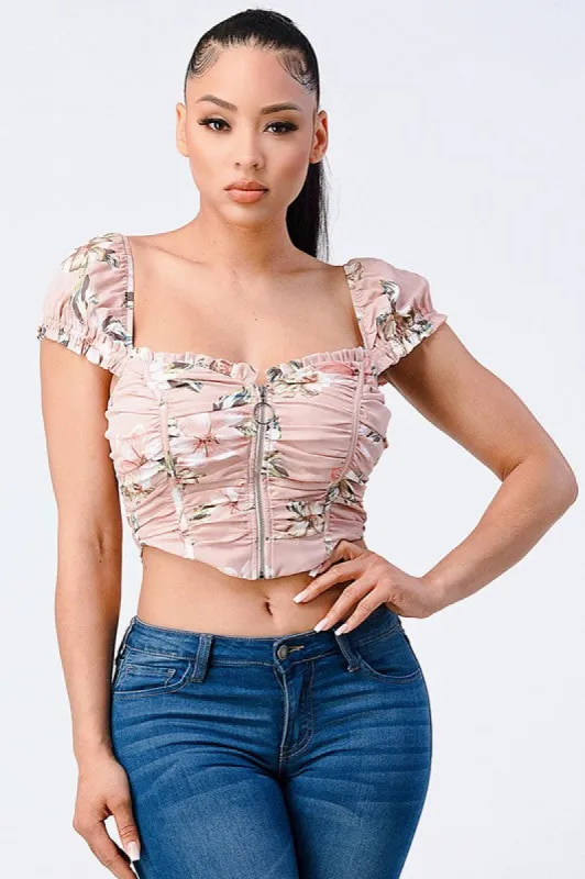 CHIC FLORAL CAP SLEEVE RING ZIP-UP CROPPED TOP sold by privy