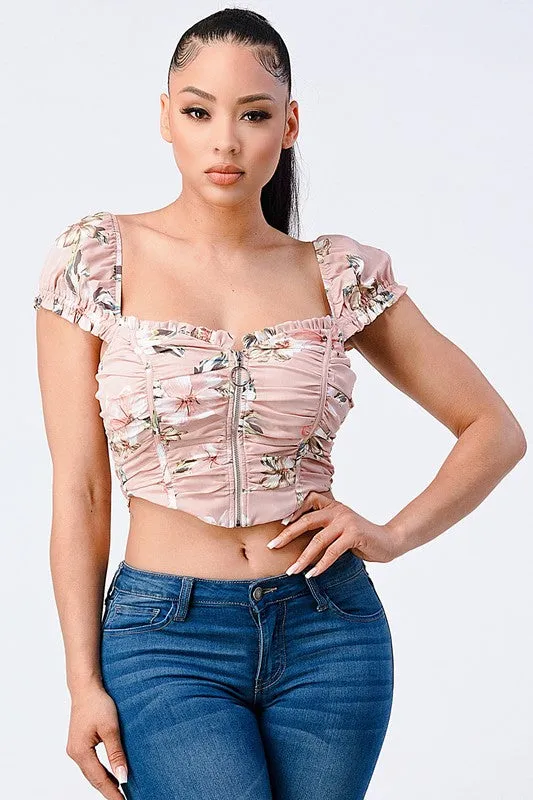 CHIC FLORAL CAP SLEEVE RING ZIP-UP CROPPED TOP sold by privy