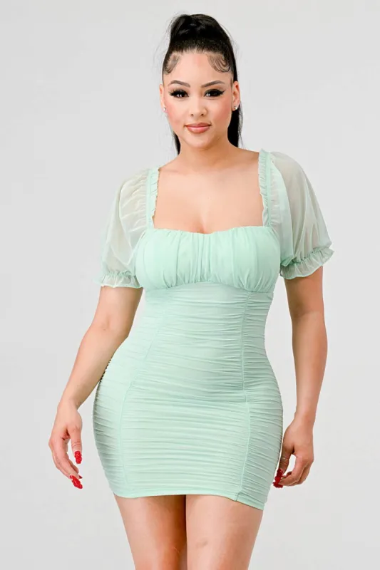 MESH RUCHED SQUARE NECK BUBBLE SLEEVES MINI DRESS sold by privy