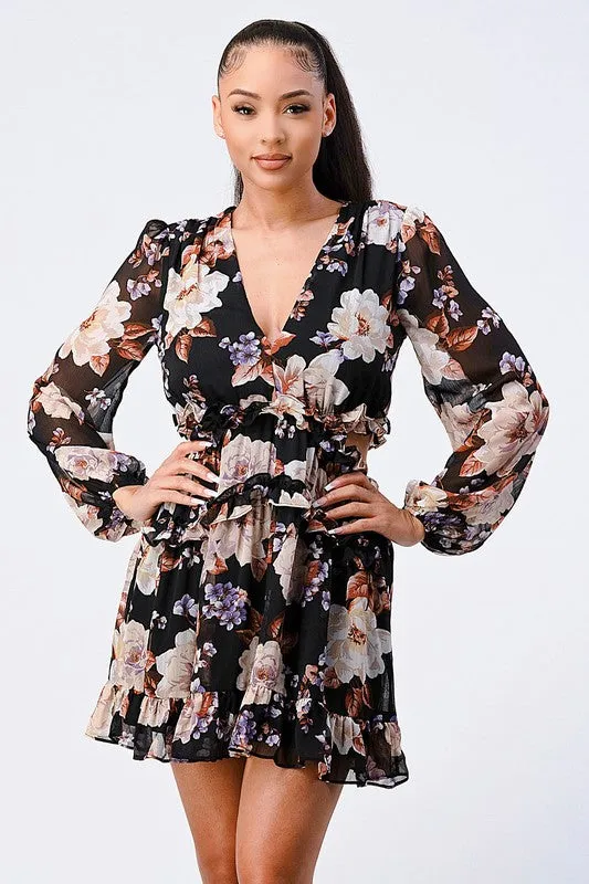 FLORAL SMOCKED CHIFFON V-NECK RUFFLED DRESS sold by privy