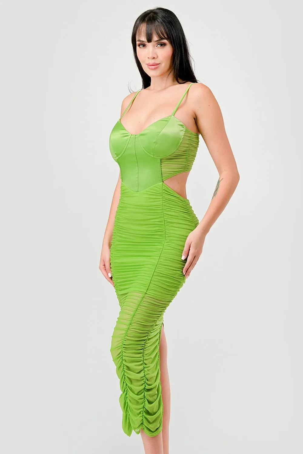 LUXE STRETCH SATIN BUSTIER RUCHED MESH MIDI DRESS sold by privy product image thumbnail 2
