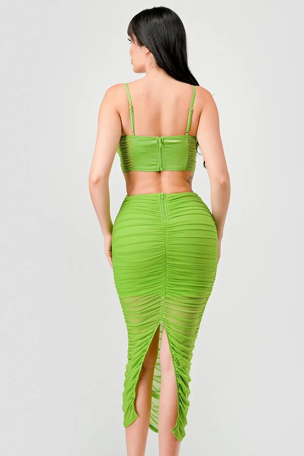 LUXE STRETCH SATIN BUSTIER RUCHED MESH MIDI DRESS sold by privy product image thumbnail 3
