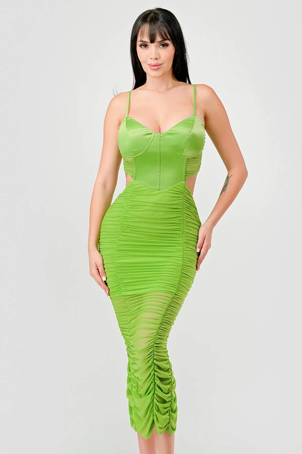 LUXE STRETCH SATIN BUSTIER RUCHED MESH MIDI DRESS sold by privy