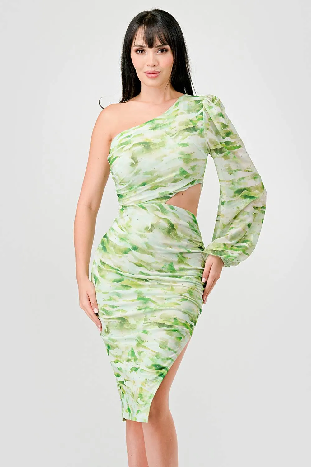 RHINESTONES TIE DYE PRINT ONE SHOULDER MIDI DRESS sold by privy