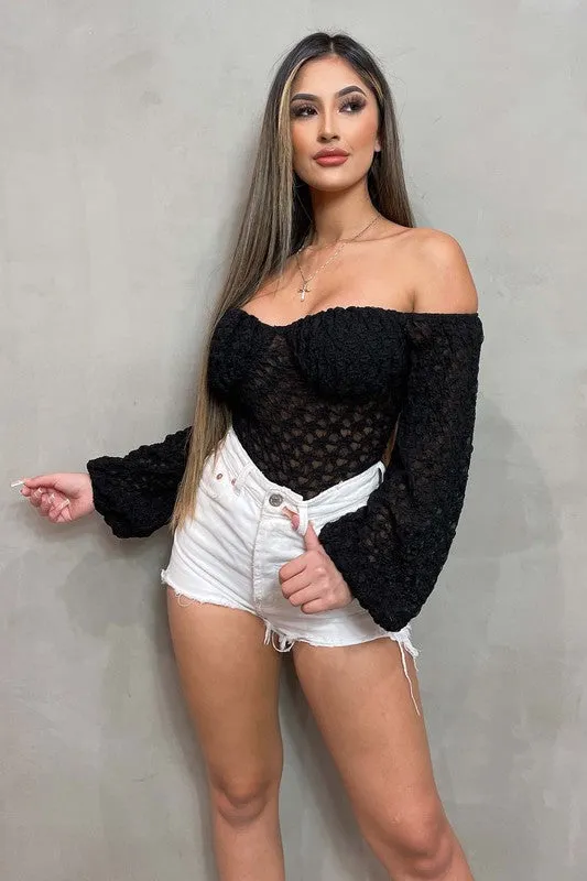 LUXE SHEER LACE OFF SHOULDER LONG SLEEVE BODYSUIT sold by privy