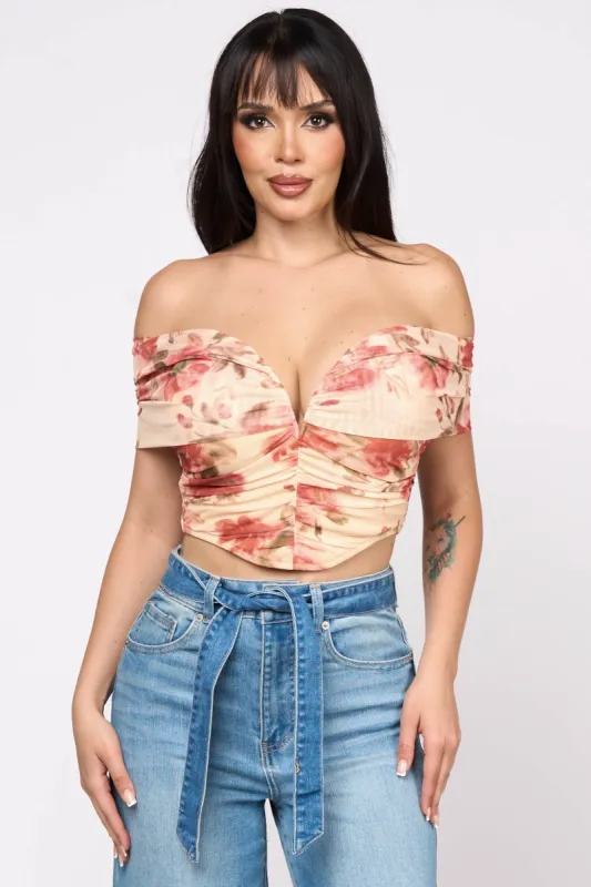 FLORAL PRINT MESH OFF SHOULDER WIRED CROPPED TOP made by privy