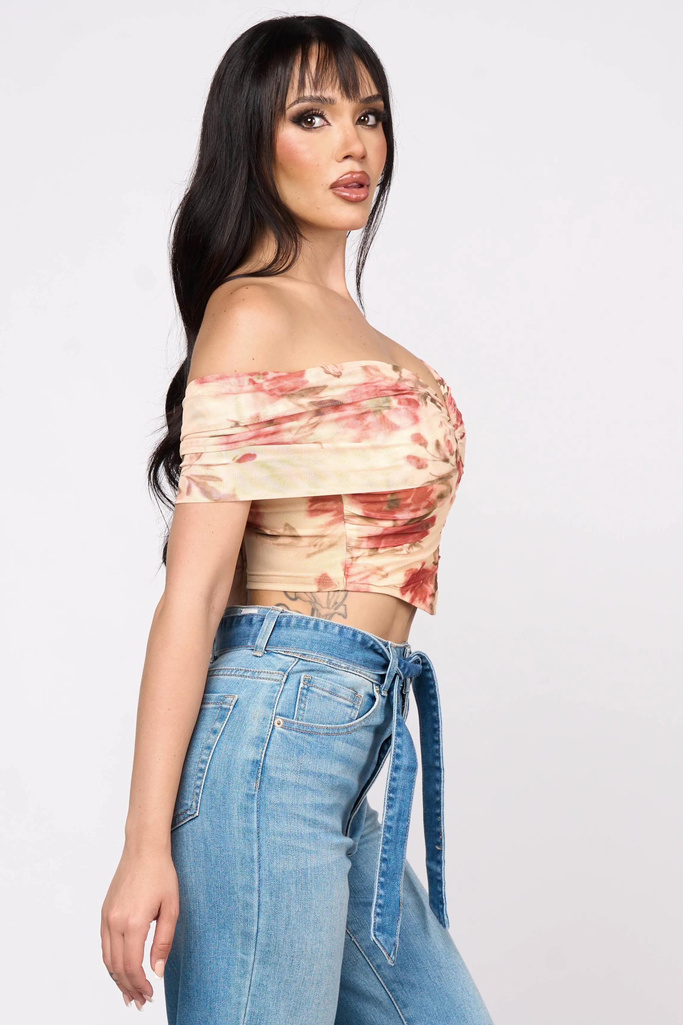 FLORAL PRINT MESH OFF SHOULDER WIRED CROPPED TOP sold by privy product image thumbnail 3