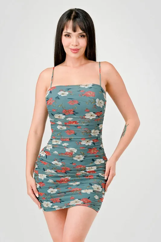 FLORAL MESH SLEEVELESS RUCHED TANK MINI DRESS sold by privy