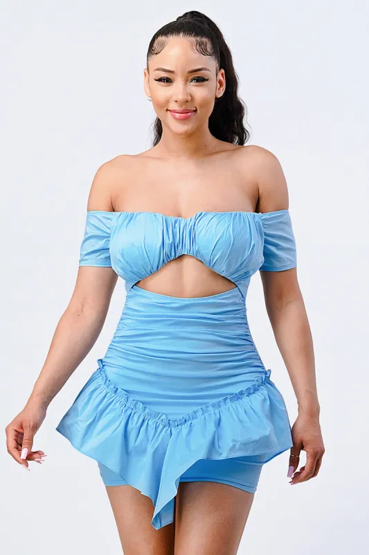PD76067K-W / OFF SHOULDER SWEETHEART KNIT CUT-OUT RUFFLED DRESS sold by privy