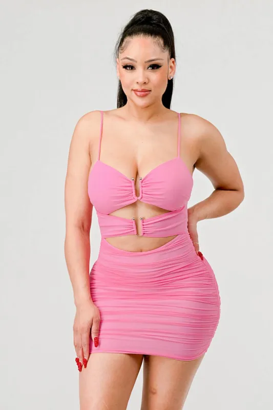 LUXE MESH SWEETHEART WITH RINGS RUCHED MINI DRESS sold by privy