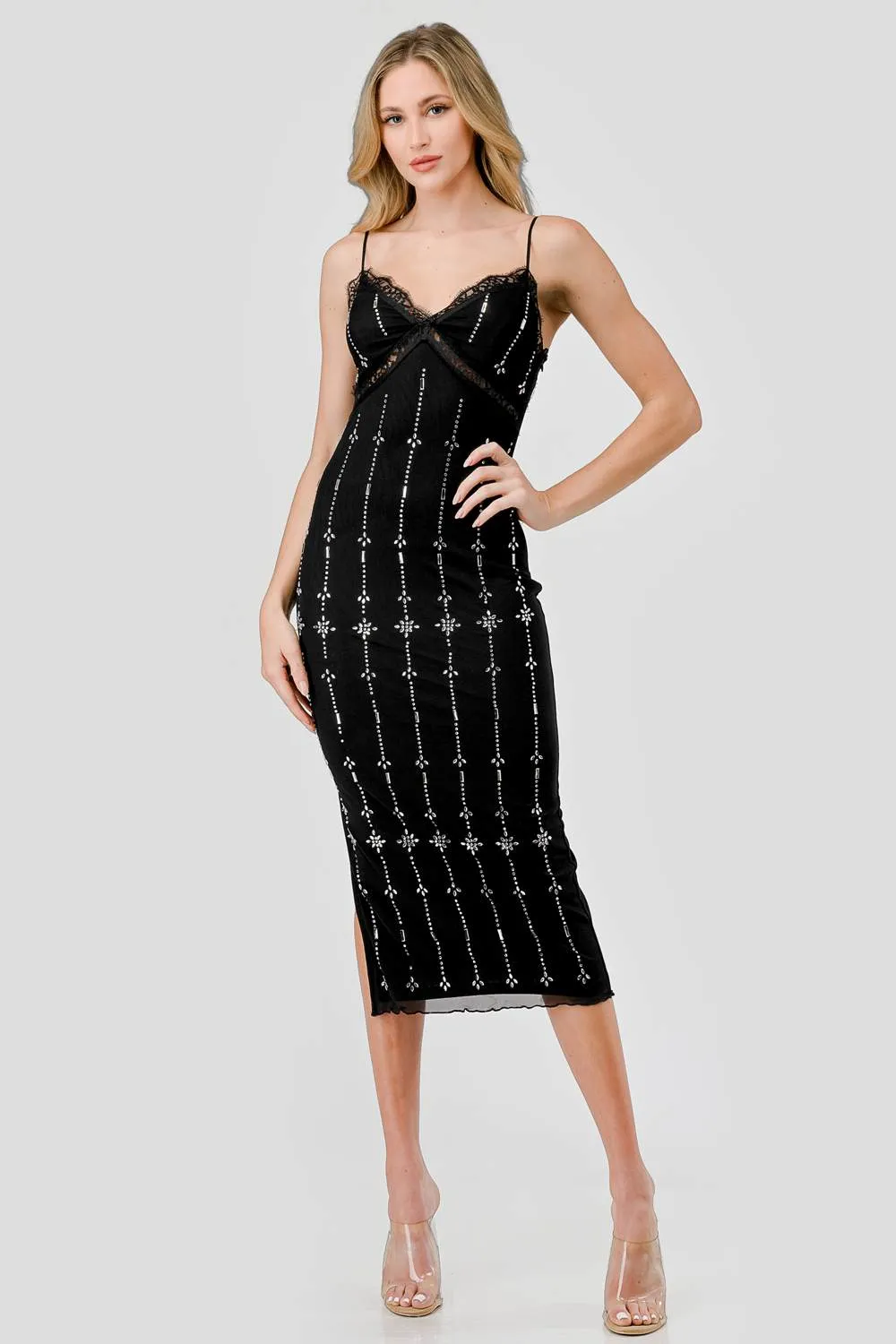 AD3577N / LUXE RHINESTONES DANDELION PATTERN LACE TRIM MIDI DRESS sold by privy product image thumbnail 4