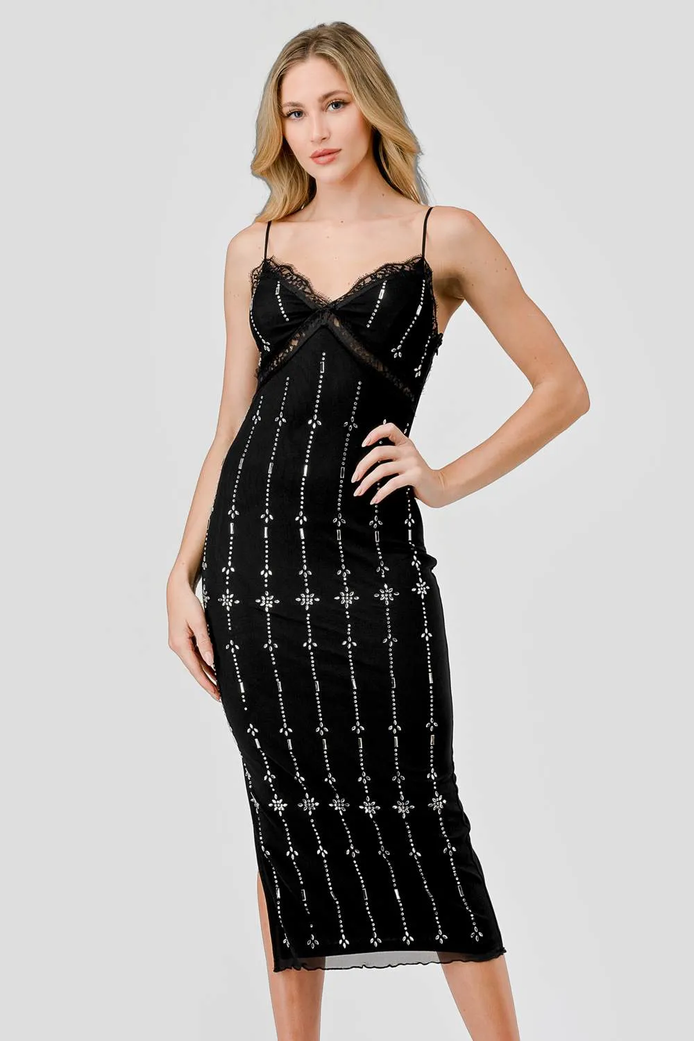 AD3577N / LUXE RHINESTONES DANDELION PATTERN LACE TRIM MIDI DRESS sold by privy