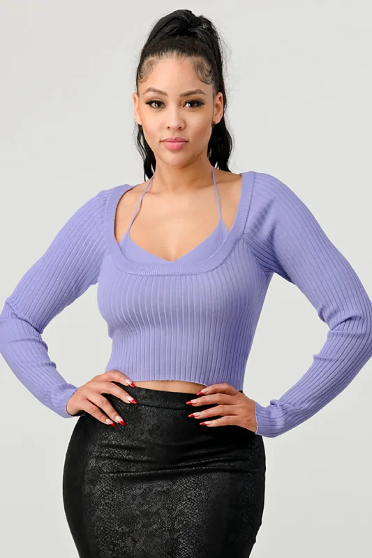 SUPER STRECH RIB SWEATER KNIT LAYERED HALTER TOP sold by privy