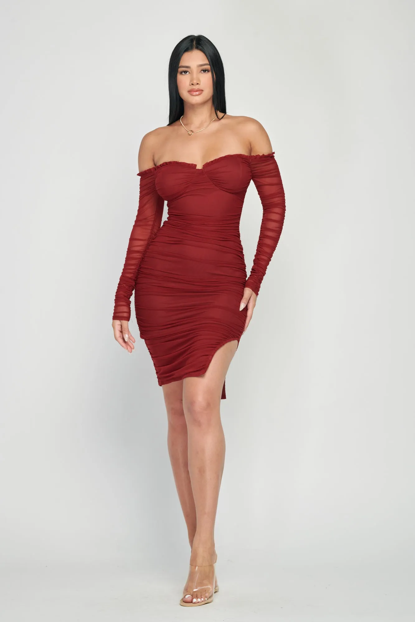 MESH OFF SHOULDER SWEETHEART RUCHED MINI DRESS sold by privy product image thumbnail 4