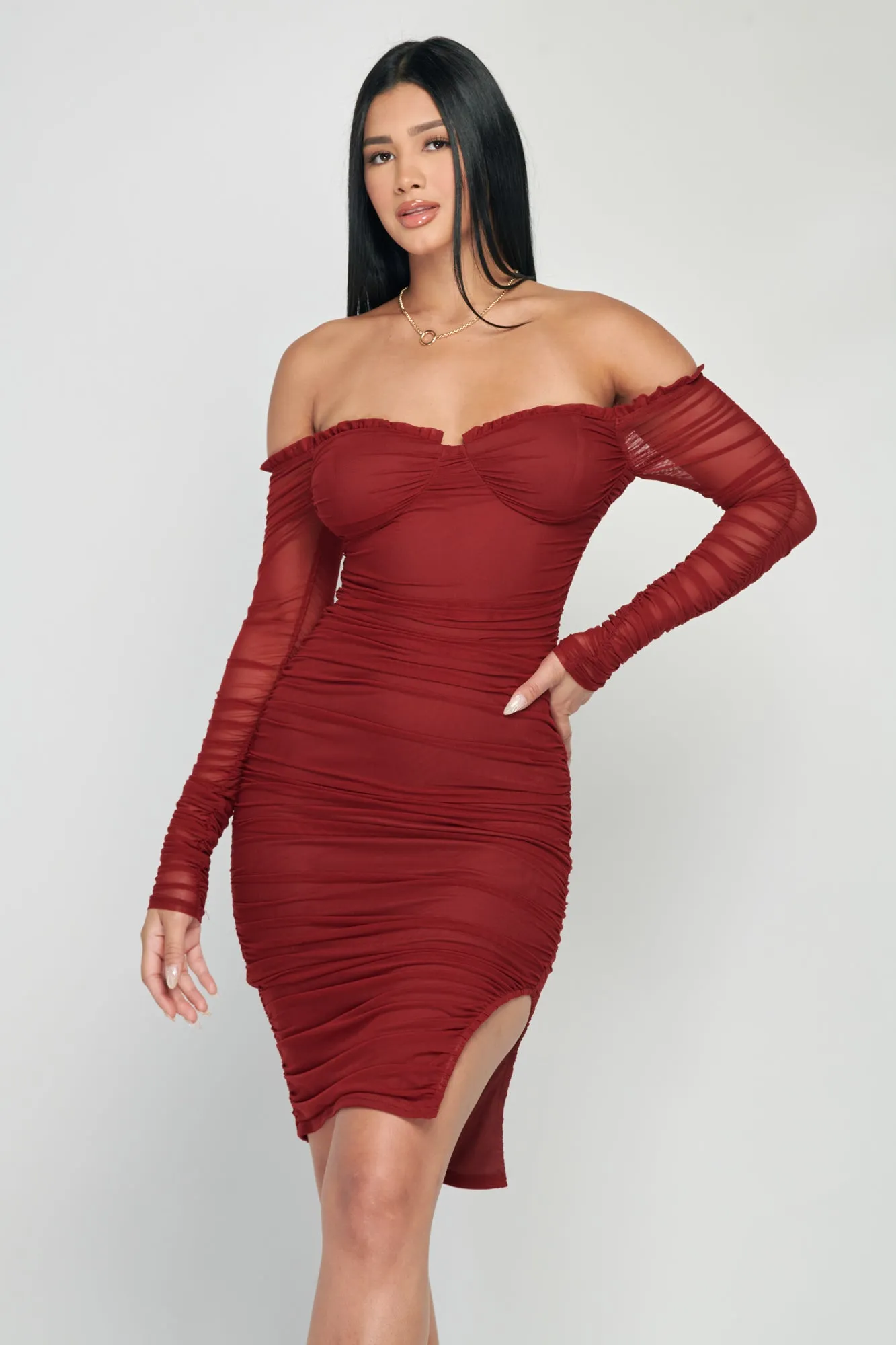 MESH OFF SHOULDER SWEETHEART RUCHED MINI DRESS sold by privy