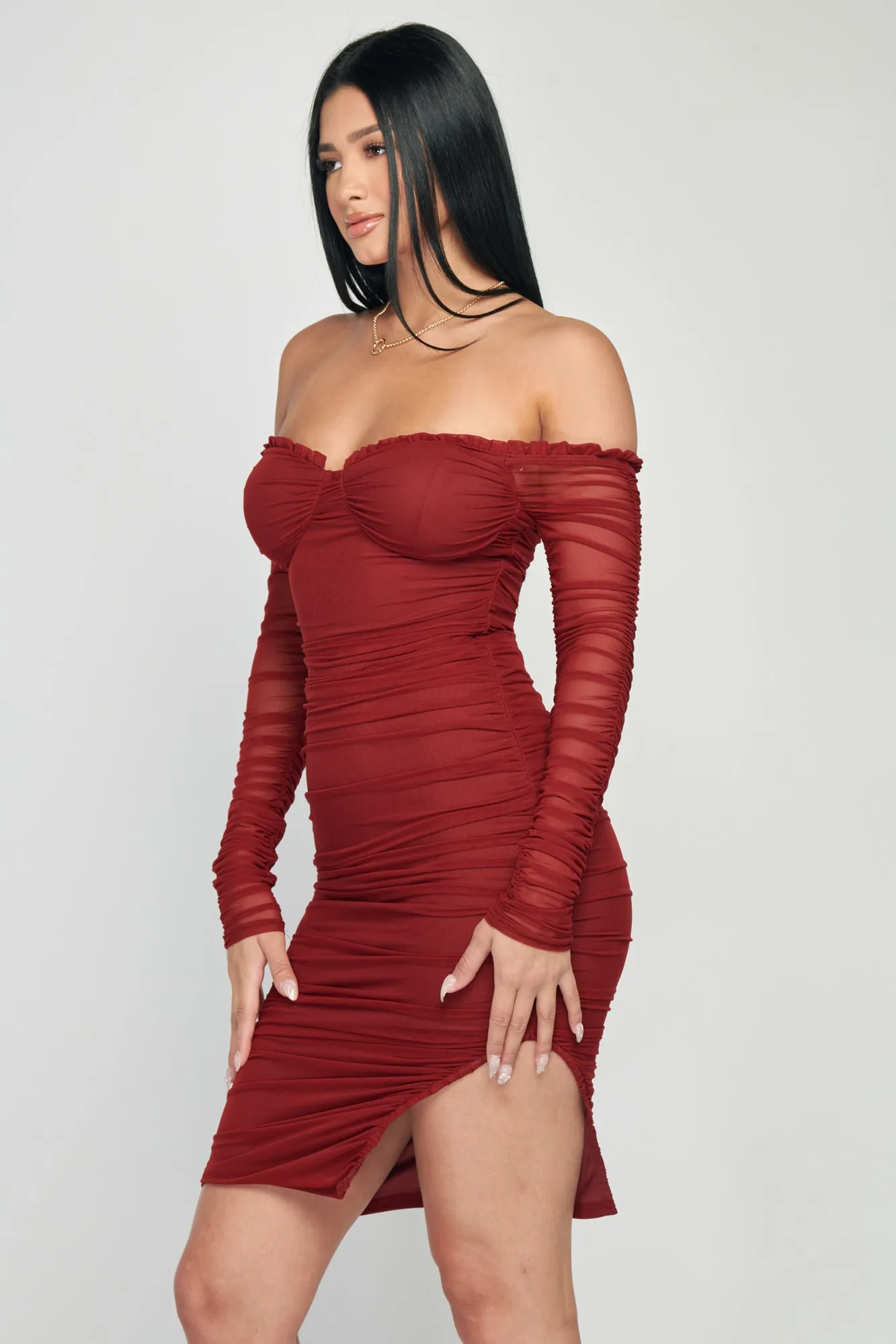 MESH OFF SHOULDER SWEETHEART RUCHED MINI DRESS sold by privy product image thumbnail 2