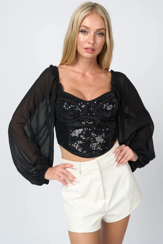 LUXE STRETCH SEQUINS LACE CHIFFON PEASANT CROP TOP sold by privy