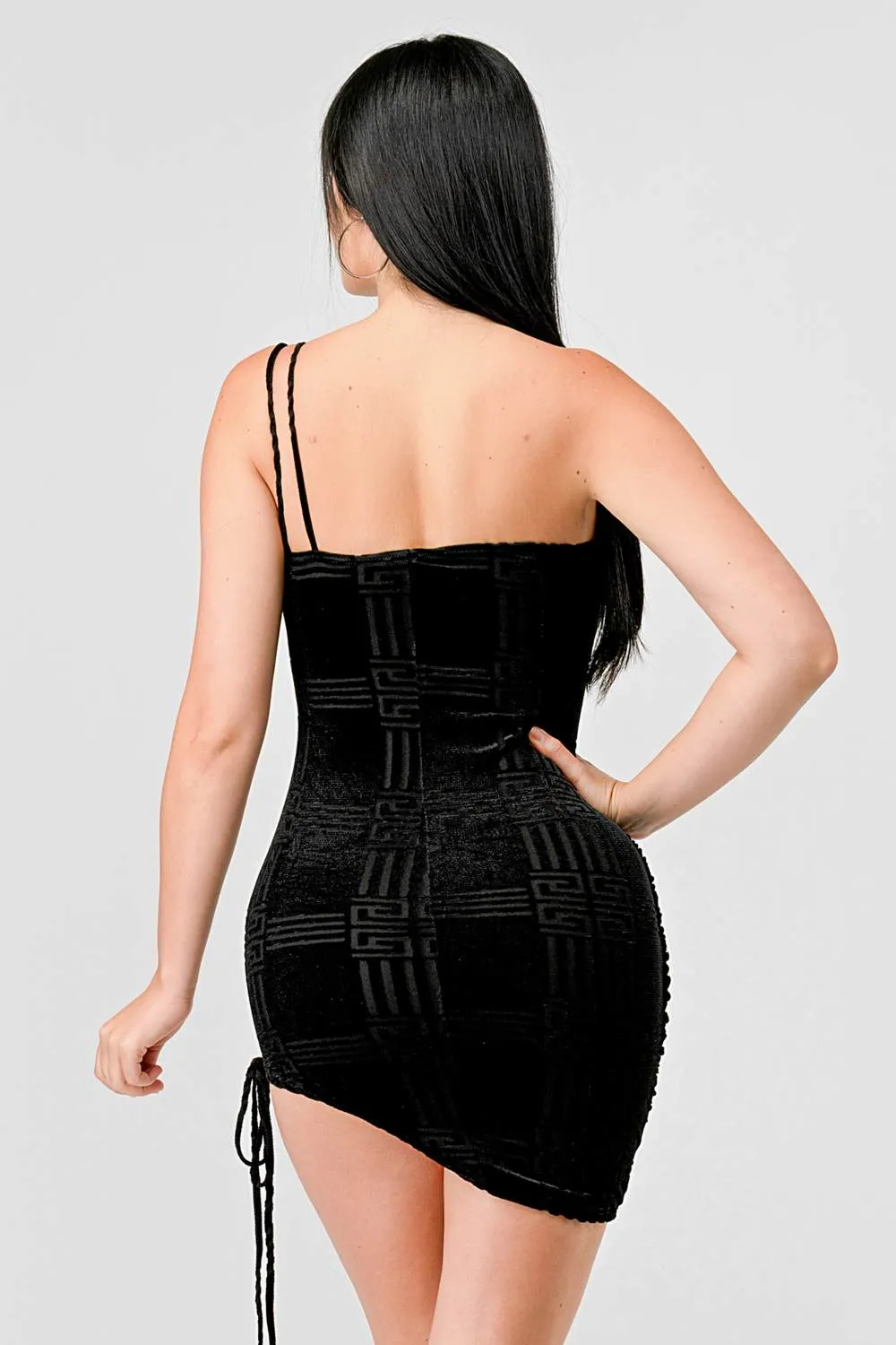 SEXY MESH VELVET ASYMMETRIC HEM RUCEHD MINI DRESS sold by privy product image thumbnail 4