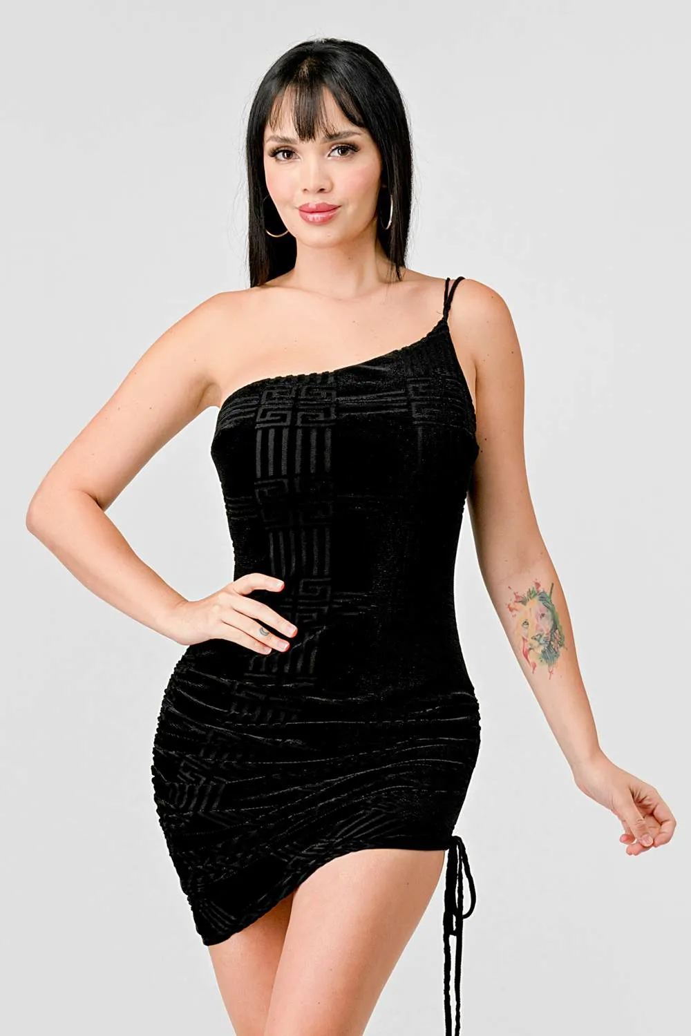 SEXY MESH VELVET ASYMMETRIC HEM RUCEHD MINI DRESS sold by privy