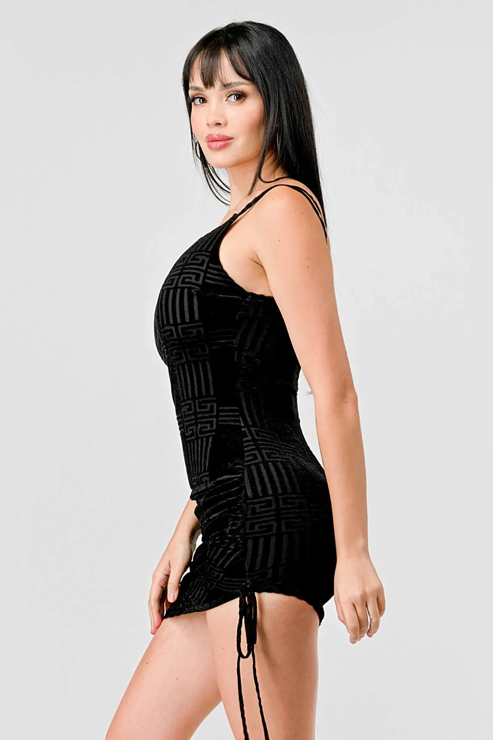 SEXY MESH VELVET ASYMMETRIC HEM RUCEHD MINI DRESS sold by privy product image thumbnail 3