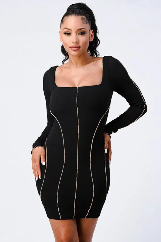 PD71396K-W / TRENDY SEAM STITCH SQUARE NECK BODYCON DRESS sold by privy