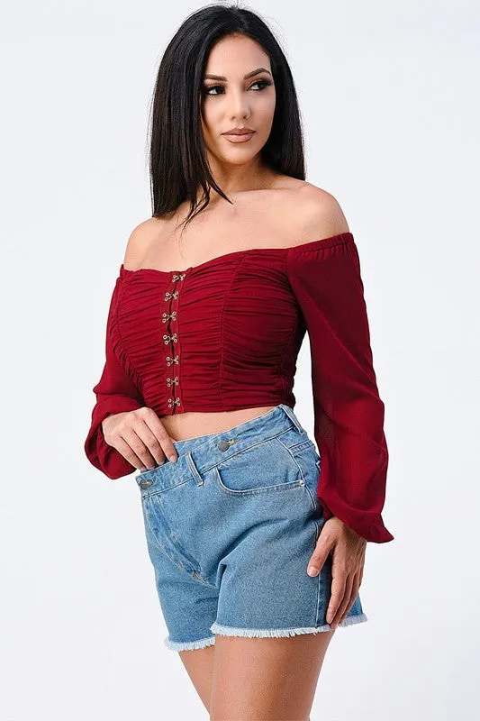 OFF SHOULDER RUCHED CORSET CROP TOP sold by privy product image thumbnail 2