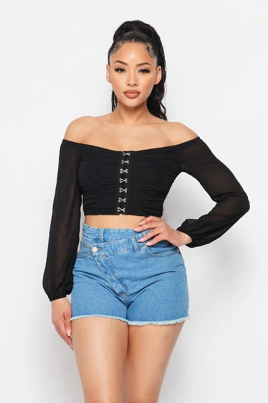 OFF SHOULDER RUCHED CORSET CROP TOP sold by privy product image thumbnail 4