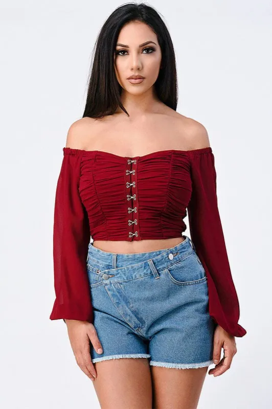 OFF SHOULDER RUCHED CORSET CROP TOP sold by privy