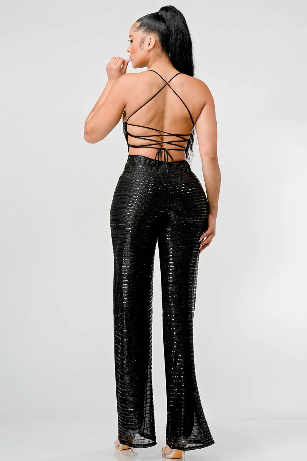 SEQUINS DRAWSTRING LACE BACK WIDE LEGS JUMPSUIT sold by privy product image thumbnail 3