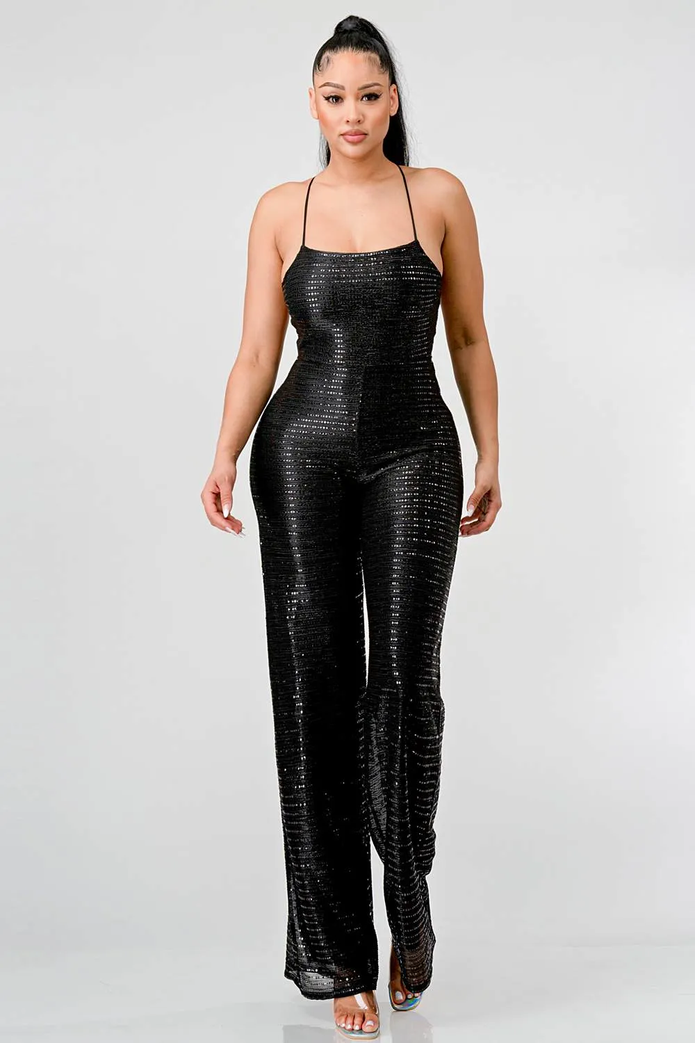 SEQUINS DRAWSTRING LACE BACK WIDE LEGS JUMPSUIT sold by privy product image thumbnail 4