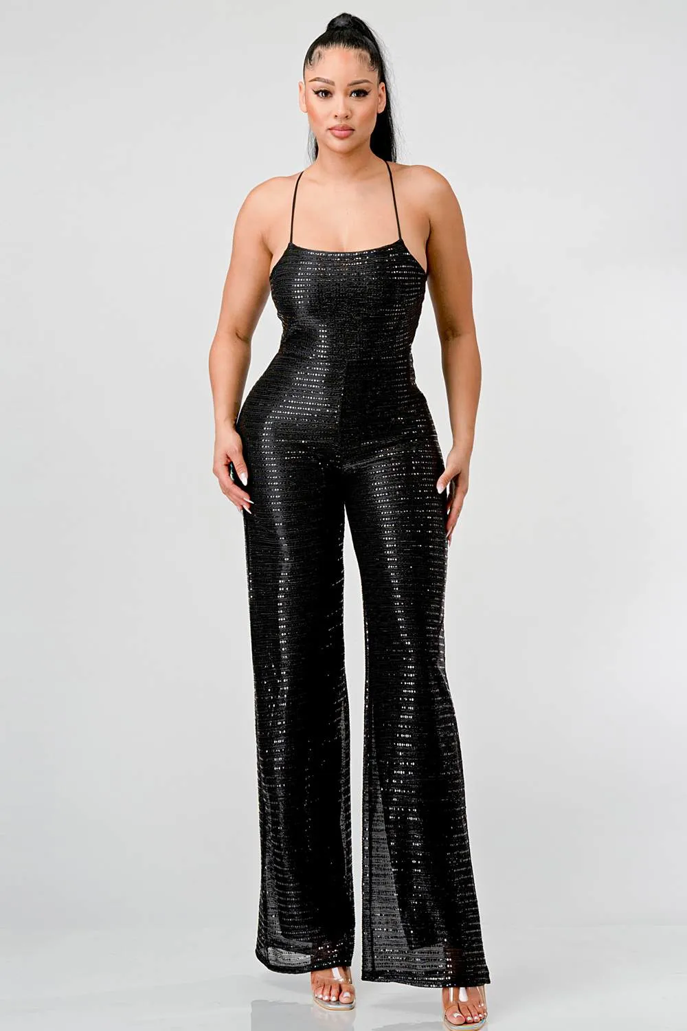 SEQUINS DRAWSTRING LACE BACK WIDE LEGS JUMPSUIT sold by privy