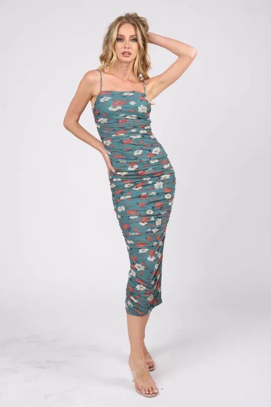 FLORAL PRINT MESH SIDE SLITTED RUCHED MIDI DRESS sold by privy