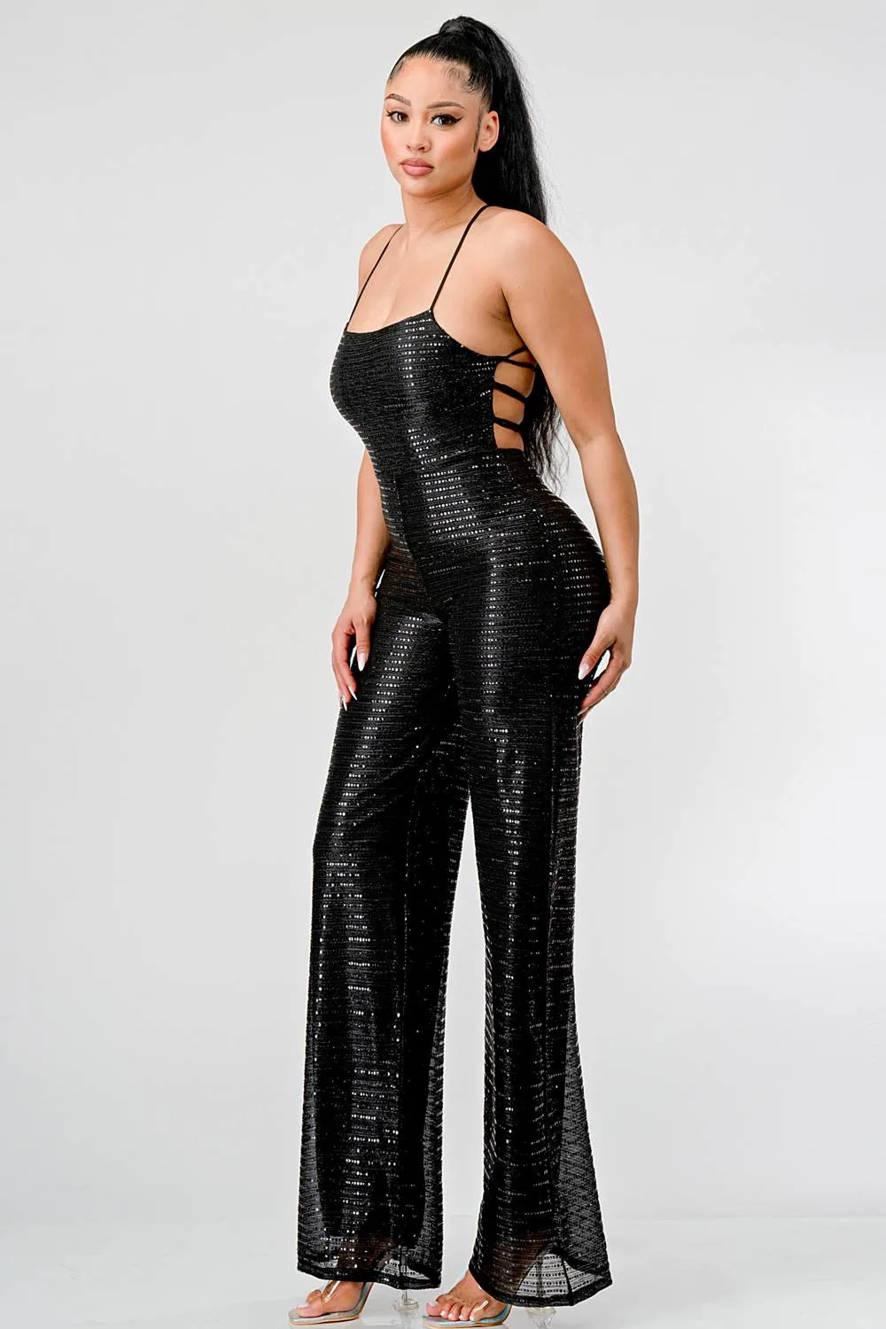 SEQUINS DRAWSTRING LACE BACK WIDE LEGS JUMPSUIT sold by privy product image thumbnail 2