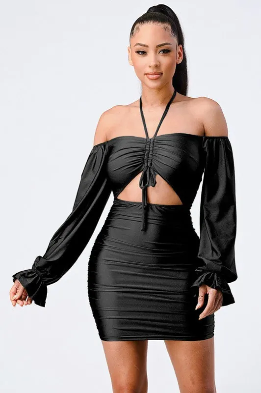 OFF-SHOULDER FRONT SHIRRING CUT-OUT DRESS sold by privy