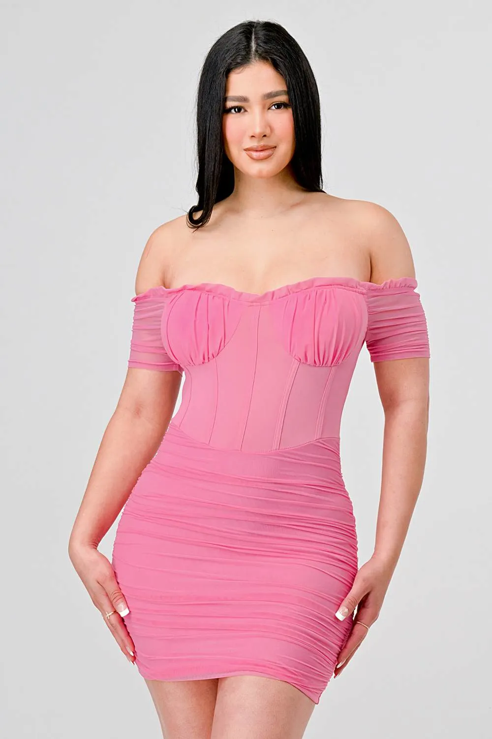 SEXY MESH OFF THE SHOULDER RUCHED MINI DRESS sold by privy