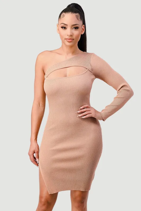 TRENDY RIBBED ONE SHOULDER CUT-OUT BODYCON DRESS sold by privy
