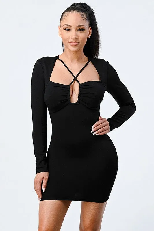 STRECH CROSS STRAP NECKLACE BODYCON MINI DRESS sold by privy