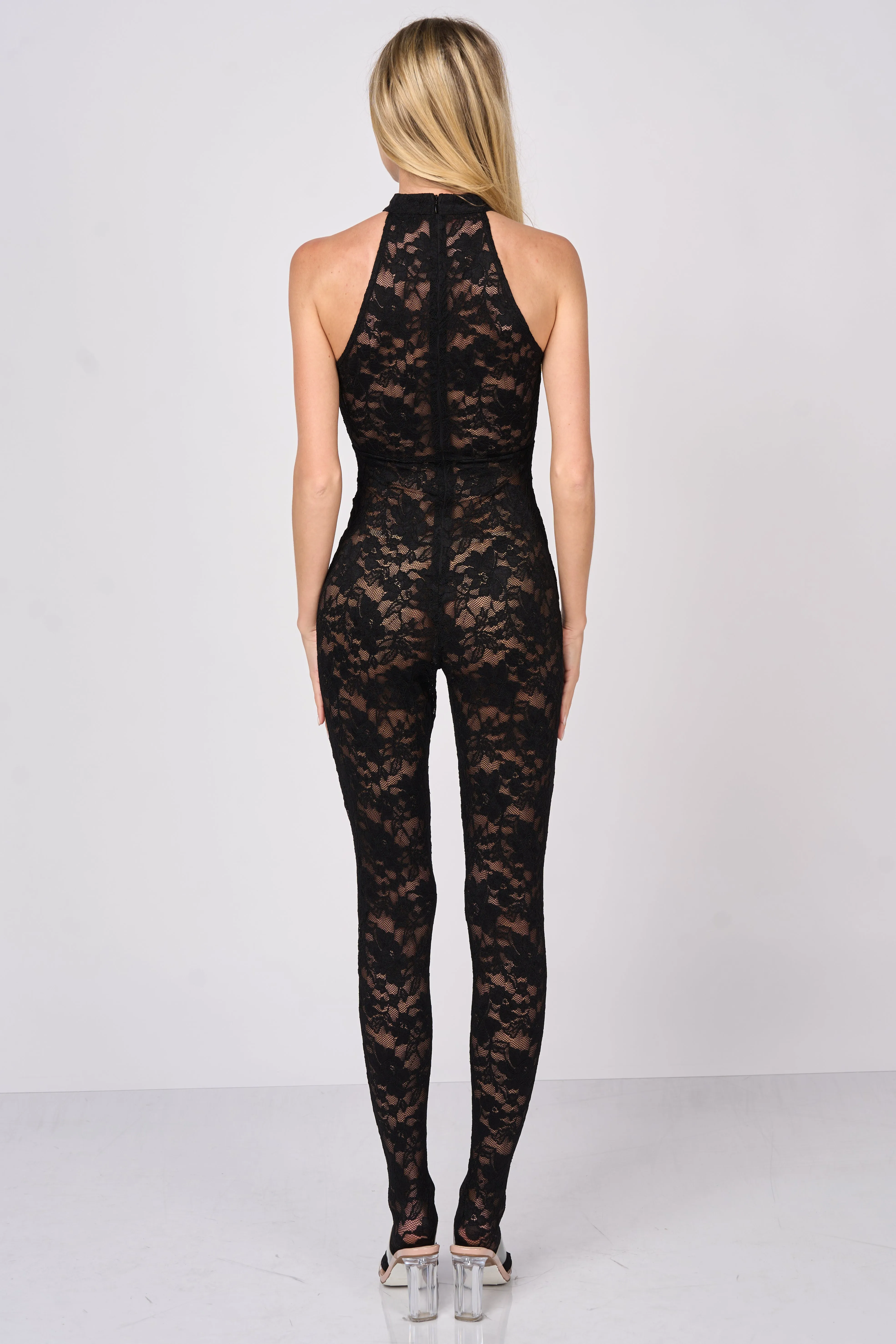 LUXE SEE-THRU LACE HALTER NECK BODYCON JUMPSUIT sold by privy product image thumbnail 4