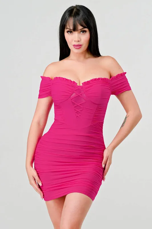 MESH OFF THE SHOULDER SHEER BODICE MINI DRESS sold by privy
