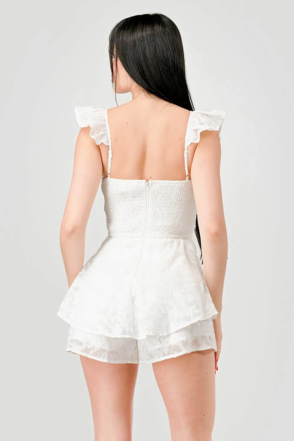 PJ11052E-W / LUXE TEXTURED SMOCKED RUFFLED FLUTTER ROMPER sold by privy product image thumbnail 3