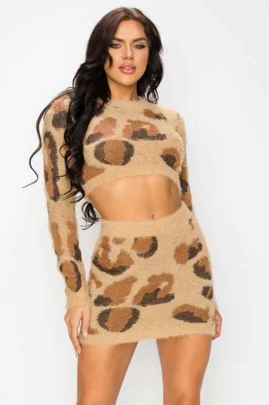 SOFT ANGORA LEOPARD PRINT TOP AND SKIRT KNIT SET sold by privy