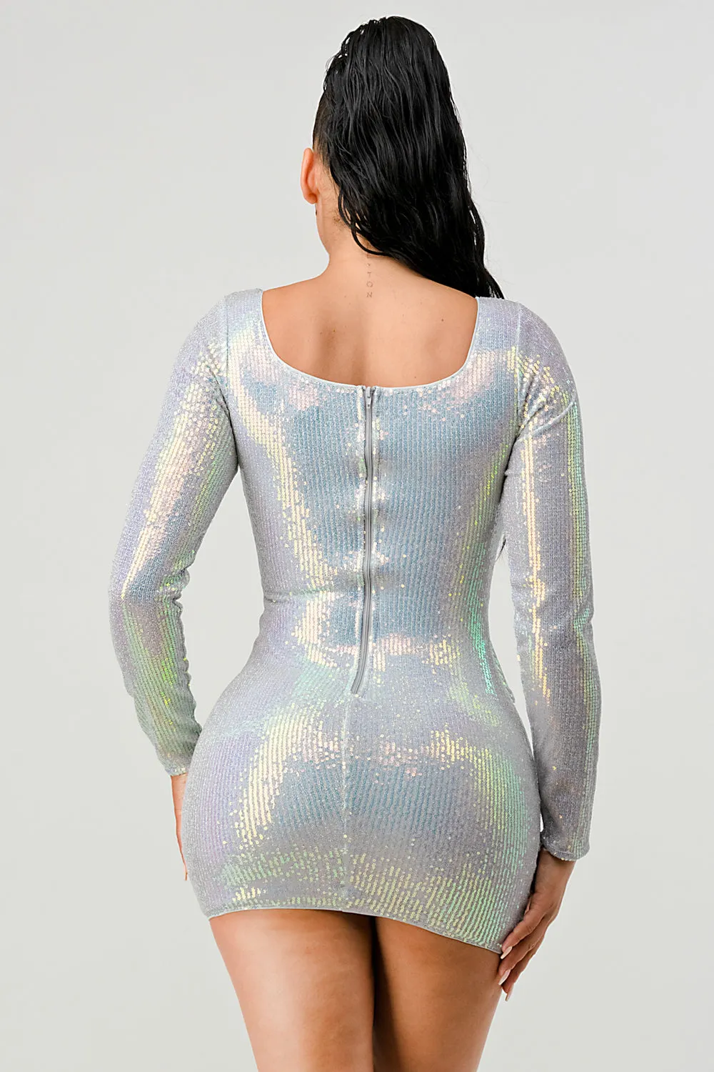 LUX HOLOGRAM SEQUINS SQUARE NECK DRAPED MINI DRESS sold by privy product image thumbnail 3
