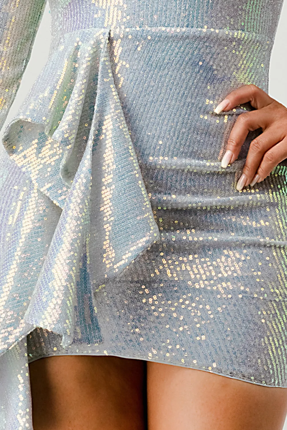 LUX HOLOGRAM SEQUINS SQUARE NECK DRAPED MINI DRESS sold by privy product image thumbnail 5