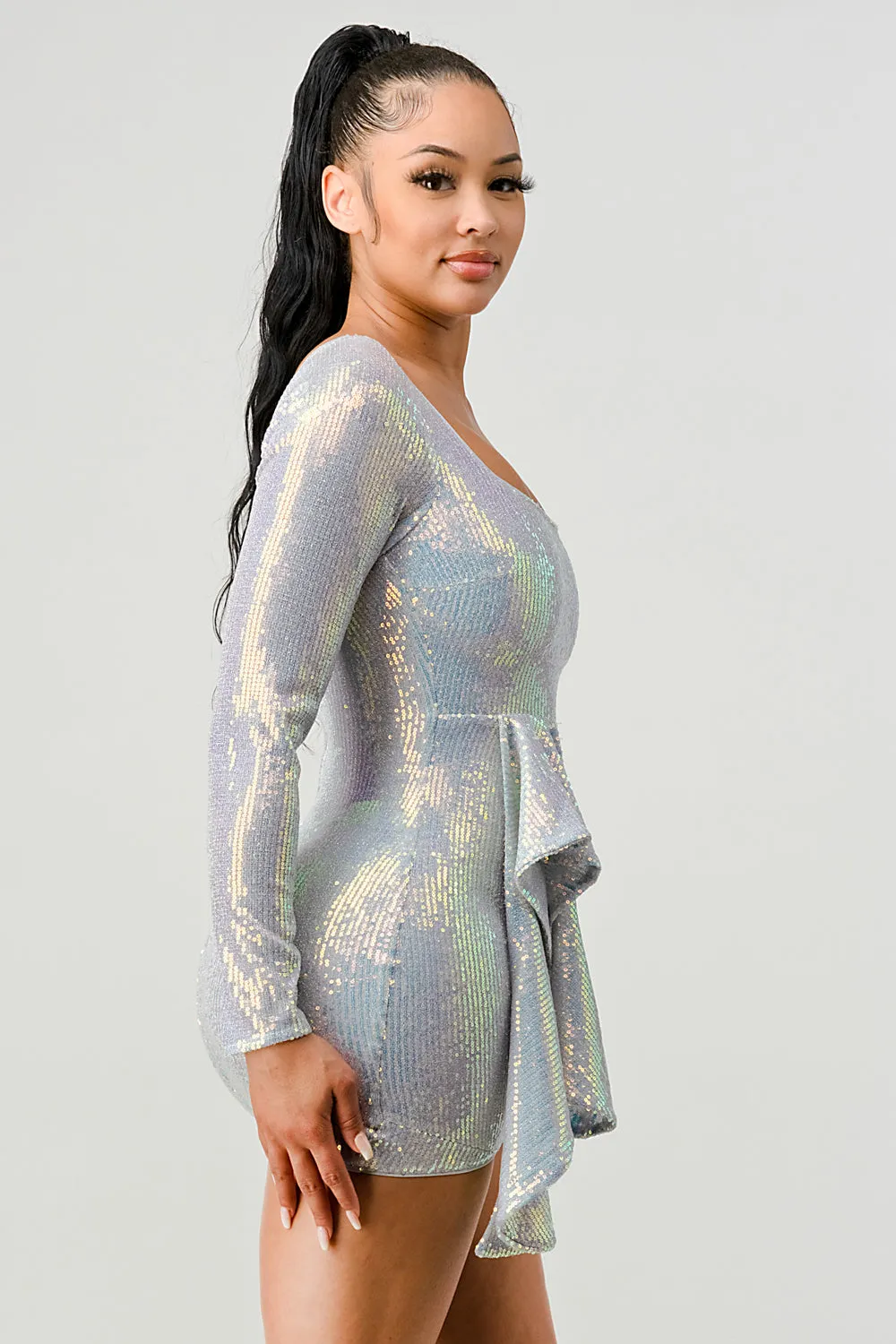LUX HOLOGRAM SEQUINS SQUARE NECK DRAPED MINI DRESS sold by privy product image thumbnail 2