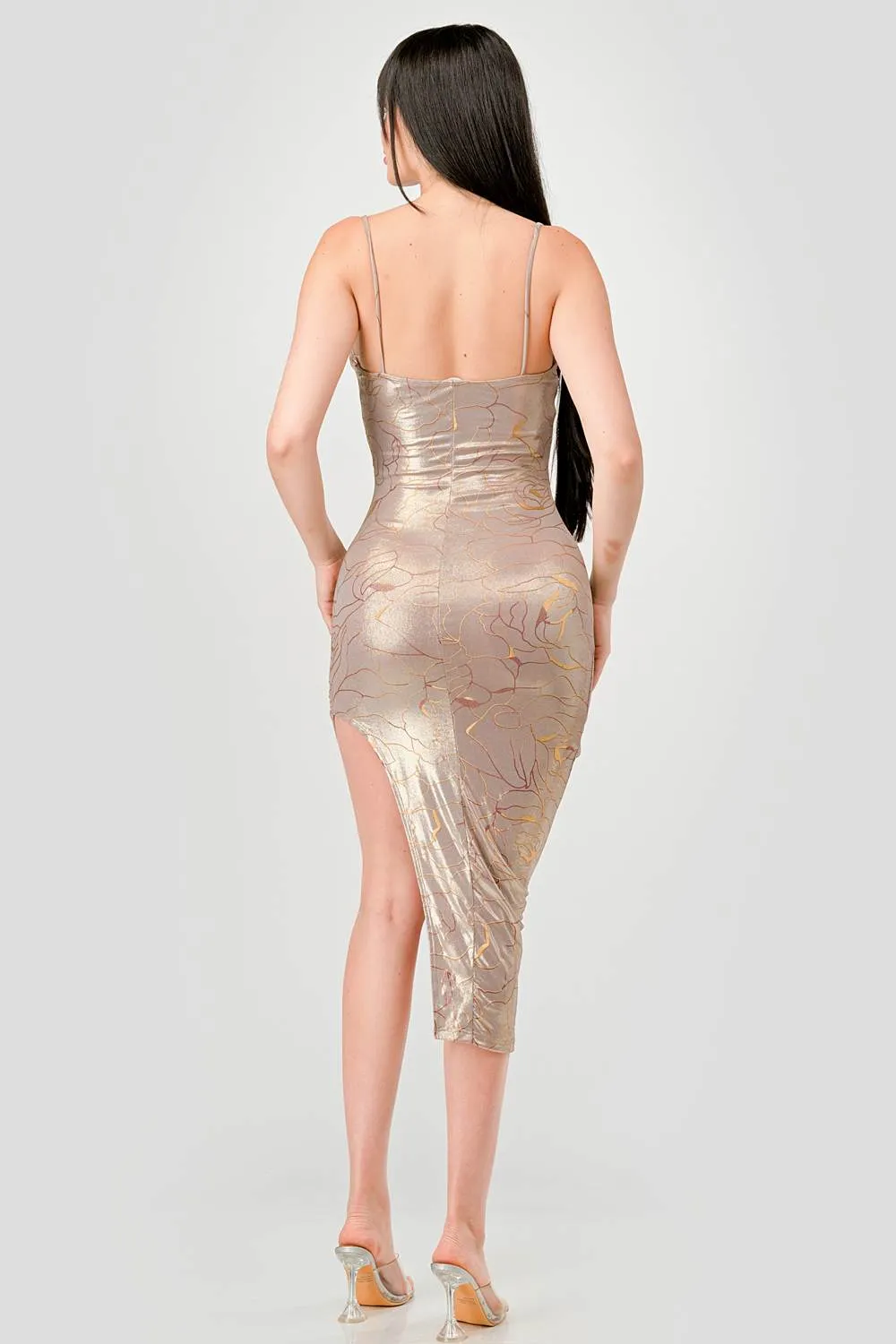 SEXY STRETCH METALLIC FLORAL PRINT FOIL MIDI DRESS sold by privy product image thumbnail 4