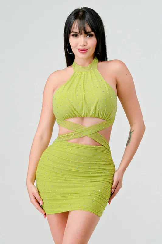 RHINESTONE HALTER NECK CUT OUT MINI DRESS sold by privy