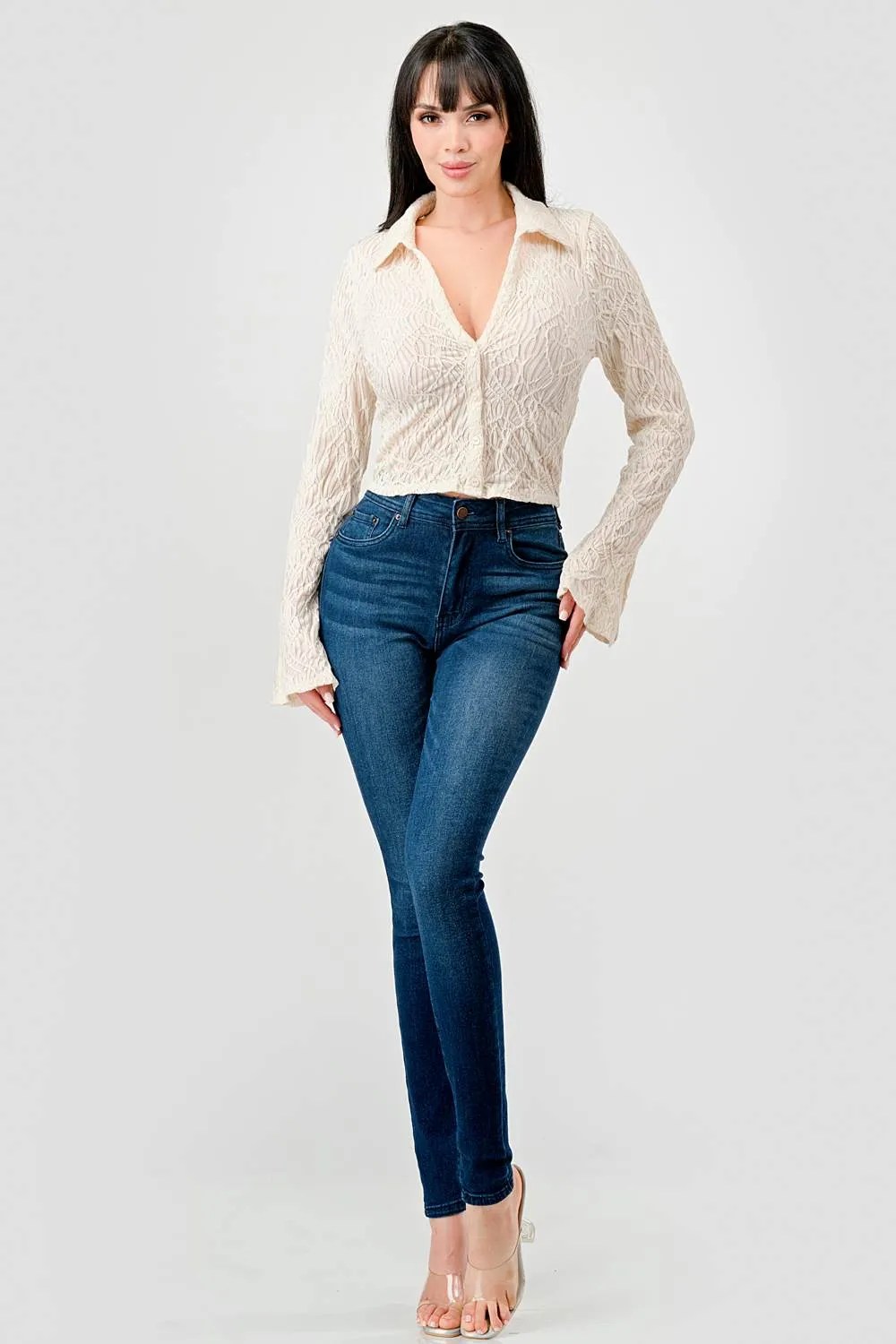 TEXTURED MESH V NECK COLLARED BUTTON DOWN BLOUSE sold by privy product image thumbnail 5