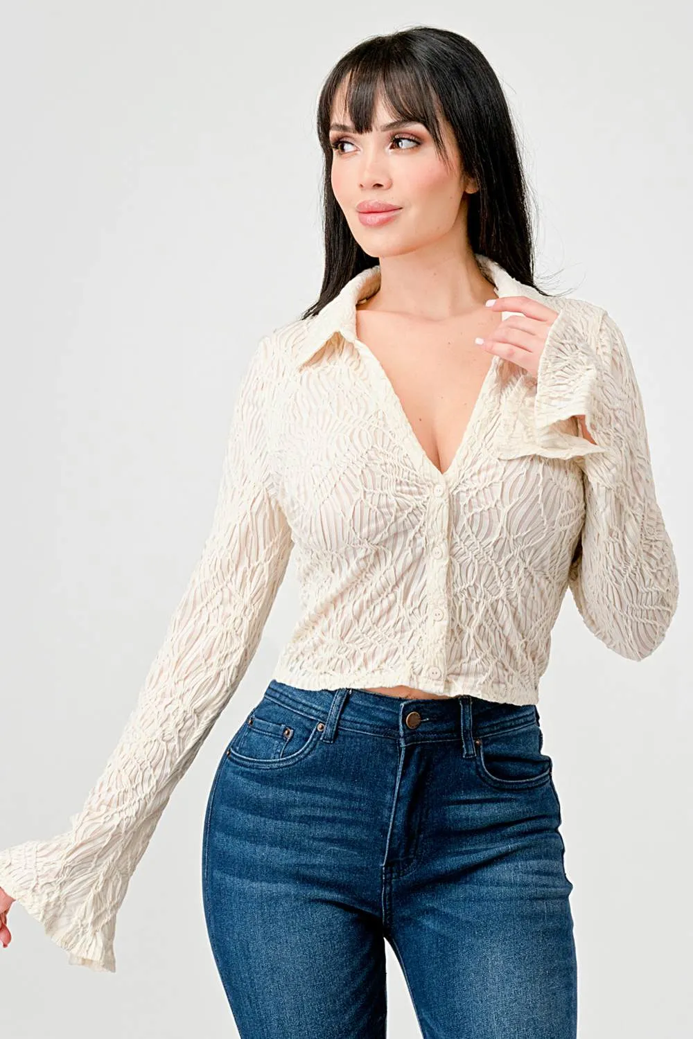 TEXTURED MESH V NECK COLLARED BUTTON DOWN BLOUSE sold by privy product image thumbnail 2