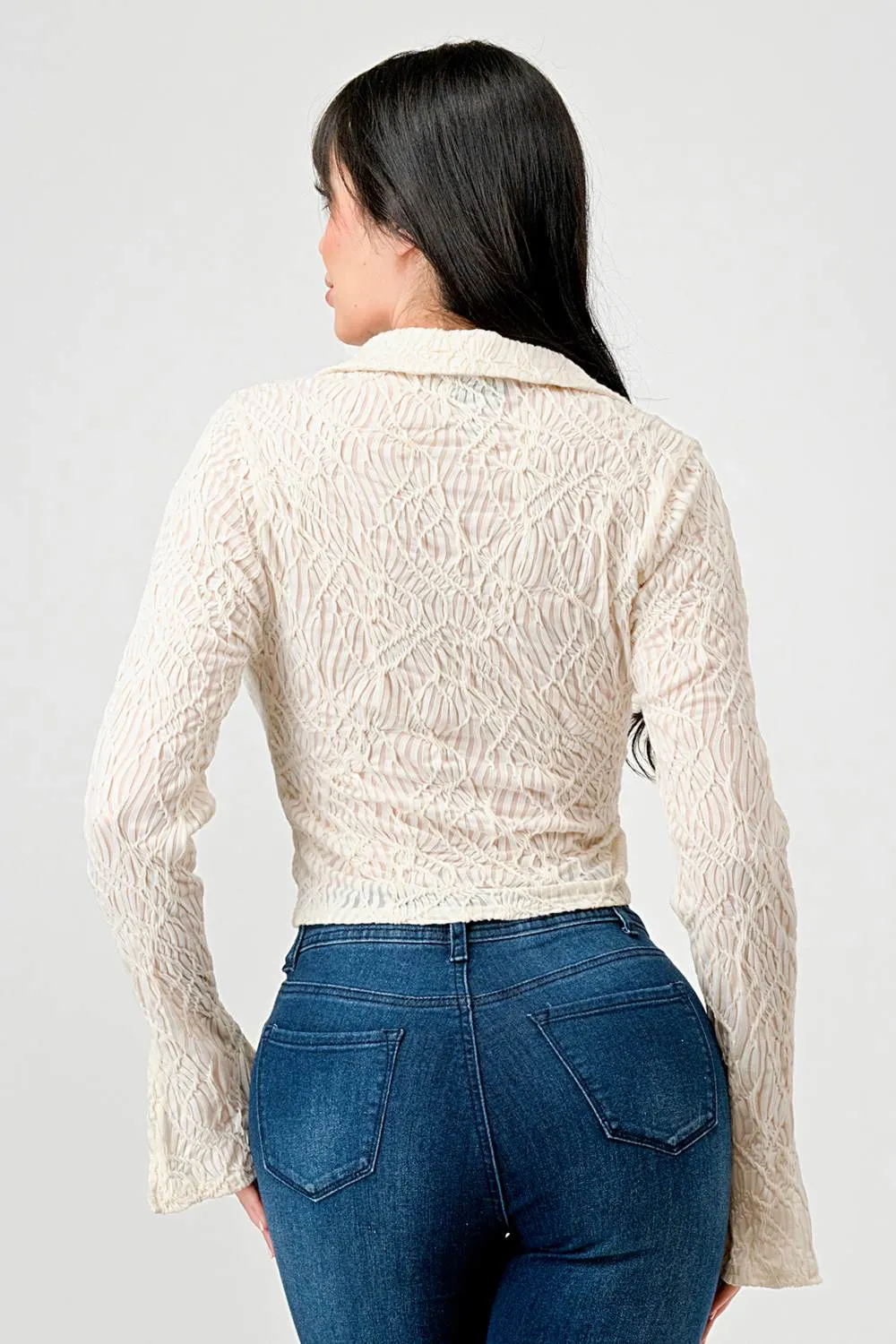 TEXTURED MESH V NECK COLLARED BUTTON DOWN BLOUSE sold by privy product image thumbnail 4