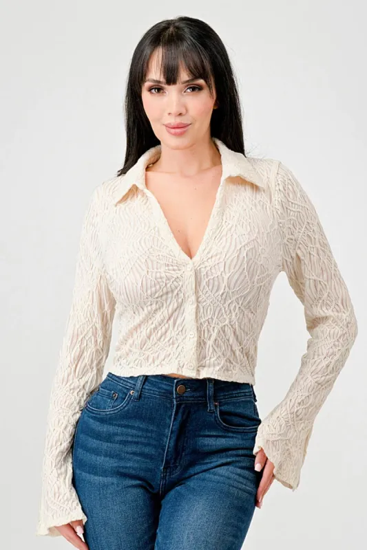 TEXTURED MESH V NECK COLLARED BUTTON DOWN BLOUSE sold by privy